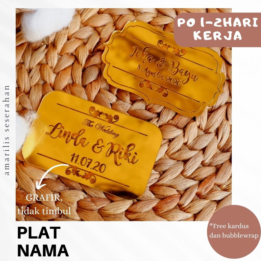 250. Plat Nama Mirror Gold/Akrilik untuk Mahar/Seserahan Ukir Grafir Lasercut