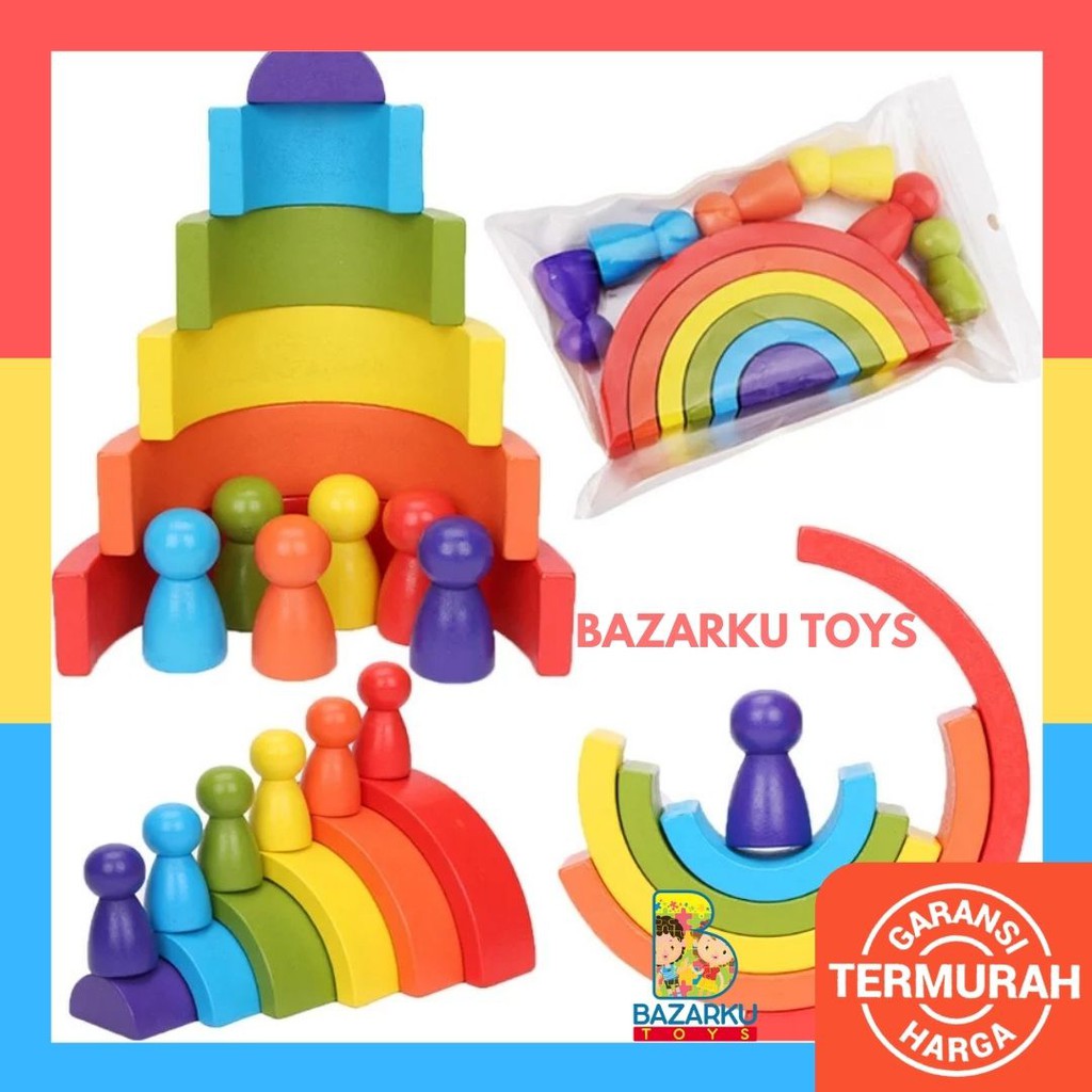 Rainbow Stacking Blocks Wooden Balok Susun Mainan Kayu Mainan Balita Balok Kayu Wooden Toys Wooden Puzzle