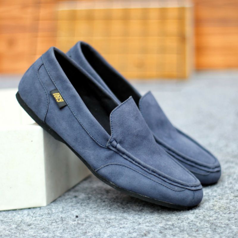 MODMEX NAVY Sepatu Pria Casual Spatu Slip On Slop Selop Kasual Santai Keren Murah Original Kulit Suede