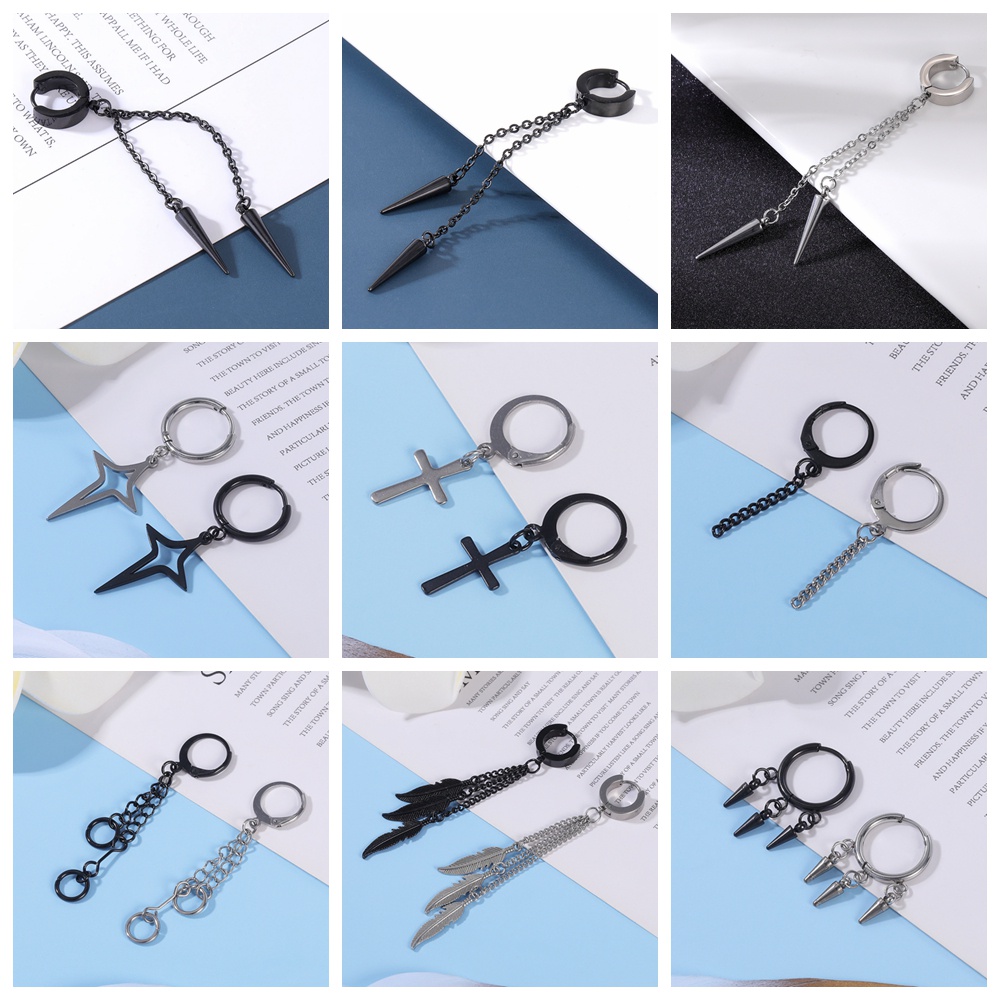 6pcs / lot Anting Hoop Rantai Rumbai Panjang Desain Tengkorak Salib Bahan Stainless Steel Gaya Punk Korea