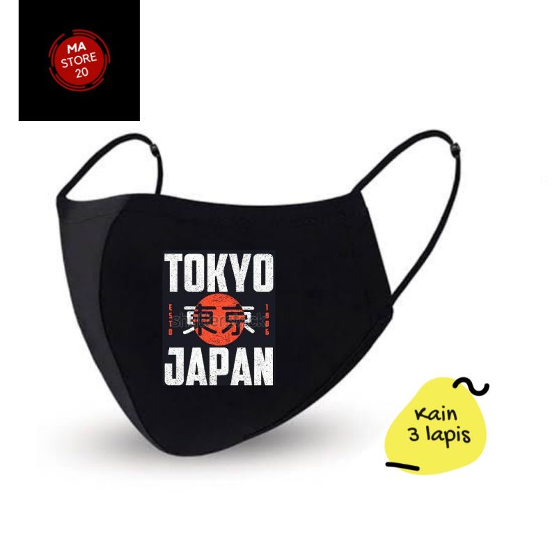 Masker kain JAPAN / KANJI / KOREA - kain 3 lapis / scuba 3PLY Earloop Hitam masker anak dewasa
