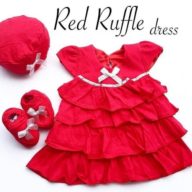 RED RUFFLE DRESS / FLAMINGO RED anak dress bayi topi bayi dress cantik cewe lucu babeebabyshop