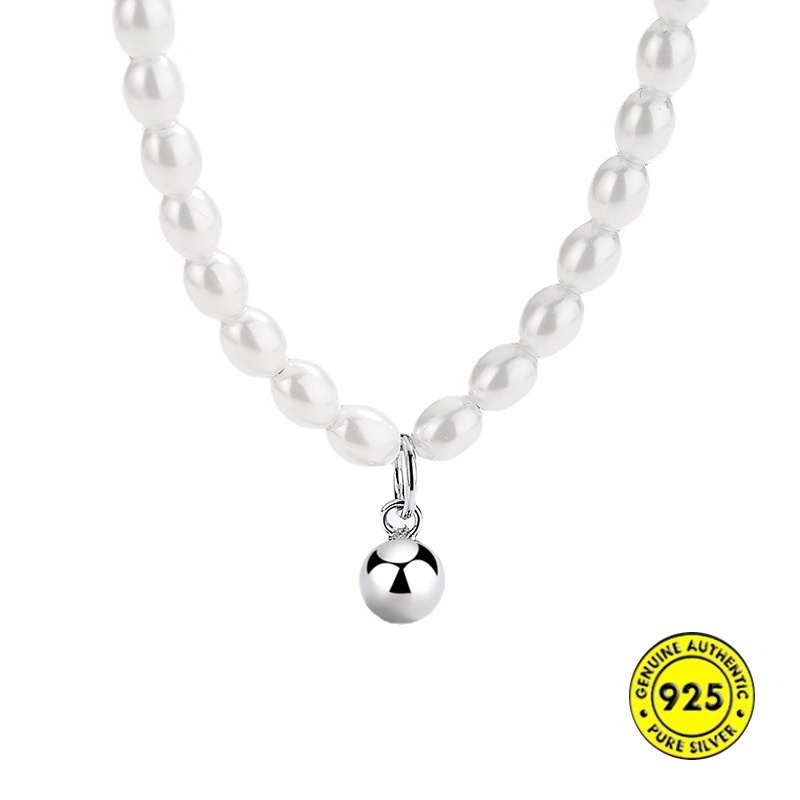 Kalung Rantai Klavikula Bahan S925 Silver Hias Bola Mutiara Gaya Perancis Untuk Wanita
