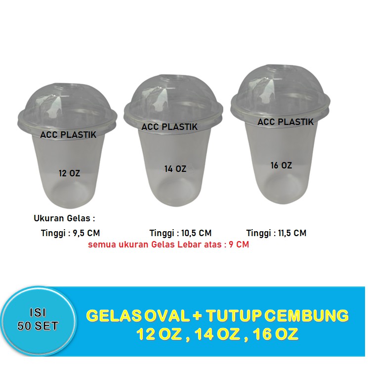ISI 50 SET GELAS U CUP OVAL 12 14 16 OZ Plus TUTUP / GELAS OVAL PLASTIK 12 14 16OZ