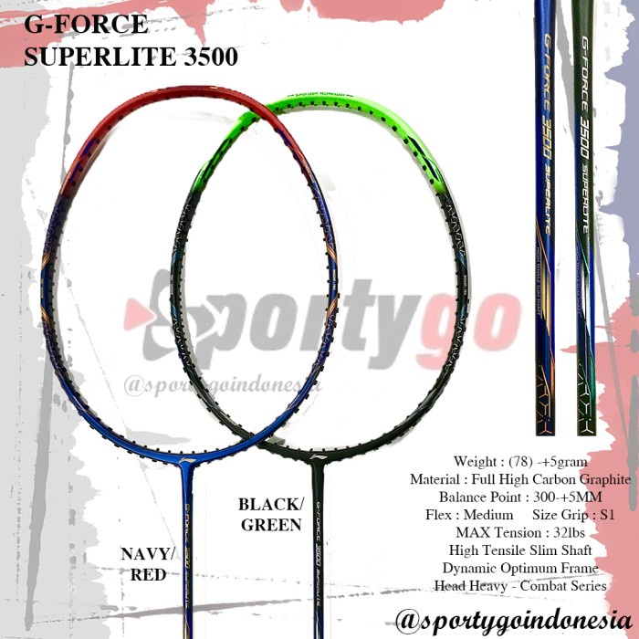 Raket Lining G-Force Superlite 3500 / 3600 / 3700 / 3800 / 3900 - 3500-Blc/Green, Full Paket