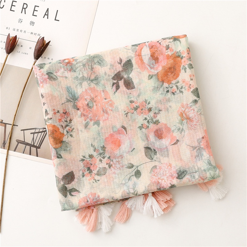 ITSFRIDAY 052214 Premium Scarf Selendang Pashmina Syal Shawl Pasmina Hijab Import Motif Flower Bougenville Pink CreamTassel-4