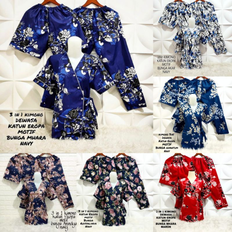 PIYAMA KIMONO 3IN1 DEWASA MOTIF BUNGA