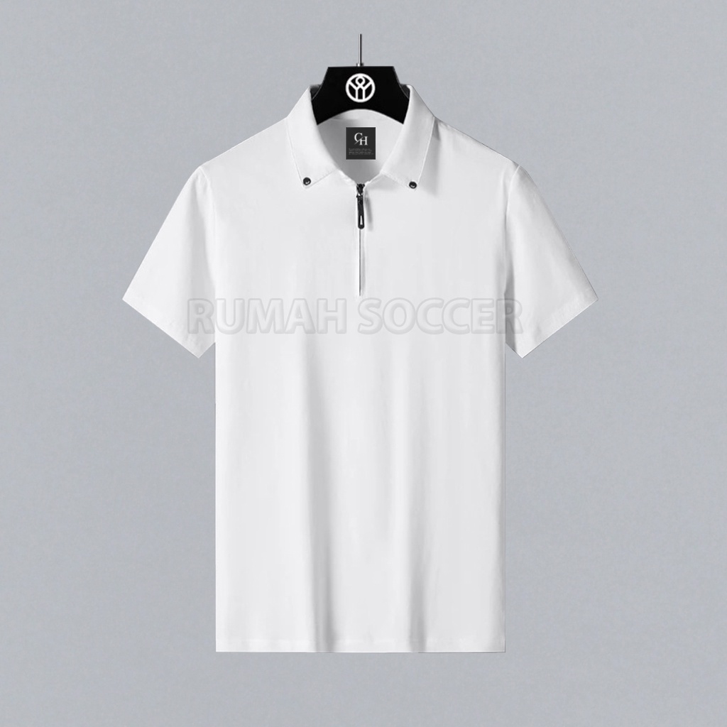 Kaos Kerah Pria Lengan Pendek Resleting ELYON Polo Shirt Formal Hitam Polos