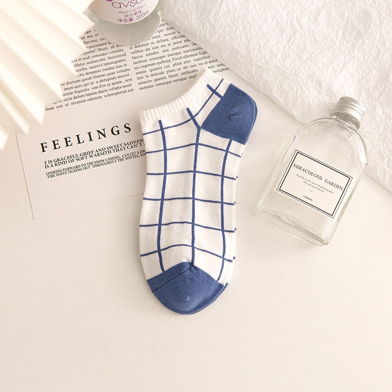 BV.ID •KK809 Kaos Kaki Wanita Pria Pendek Beruang Unisex Semata Kaki Ankle Motif Bear Kotak-Kotak Garis Biru Socks Korean