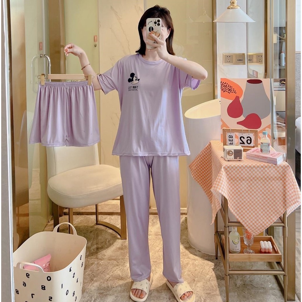 AJW Shop Piyama 3in1 | Piyama Import Dewasa | Setelan Wanita Kekinian | Baju Tidur Wanita Dewasa-Mic Purple