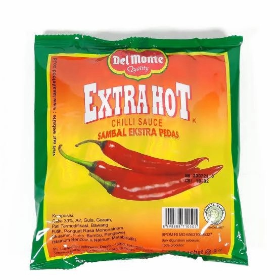 

Saos Extra Hot Delmonte Sachet 24 x 9 gram Sambal Cabe Sauce Del Monte Pedas Chili Sauce