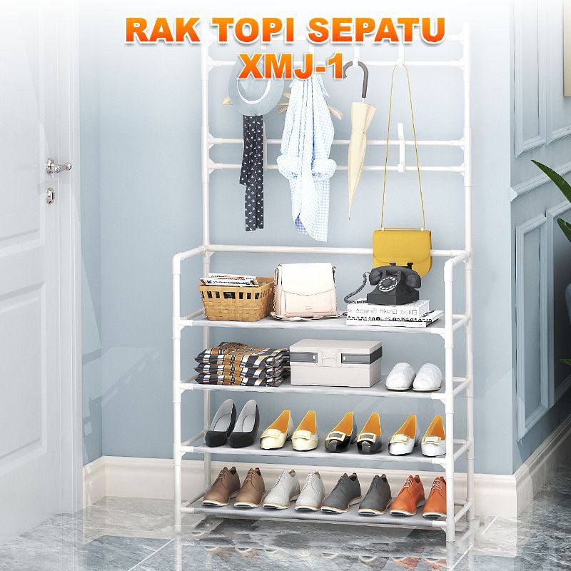 rumah_kita2020 Rak Serbaguna Rangka Besi Rak Untuk Topi Tas Sepatu Jaket Hanger Baju Rak Dapur Microwave Kamar Rak Serba Serbi Rak Sepatu rak gantungan Stand Hanger Baju Rak Sepatu Rak Gantung Pakaian Tas Topi Rak Portable Multifungsi XMJ-1