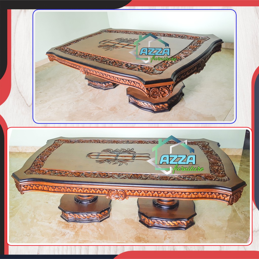 meja ruang tamu lesehan desain ukiran jepara / meja lesehan korea modern kayu jati perhutani