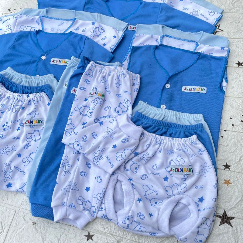 PROMO 7.7 18 PCS baju bayi baru lahir celana bayi baru lahir Seri Biru Sablon ASYAM BABY