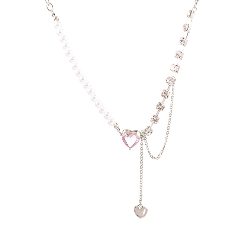 Love Pink Crystal Pendant Necklace Accessories Pearl Stitching Clavicle Chain Harajuku Korean Version