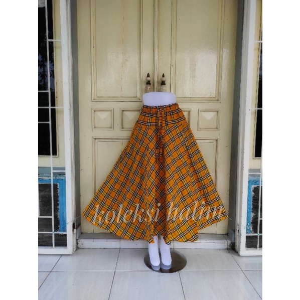 (BISA COD)ROK PAYUNG/ROK KATUN LEBAR/MOTIF BURBERRY-Kuning