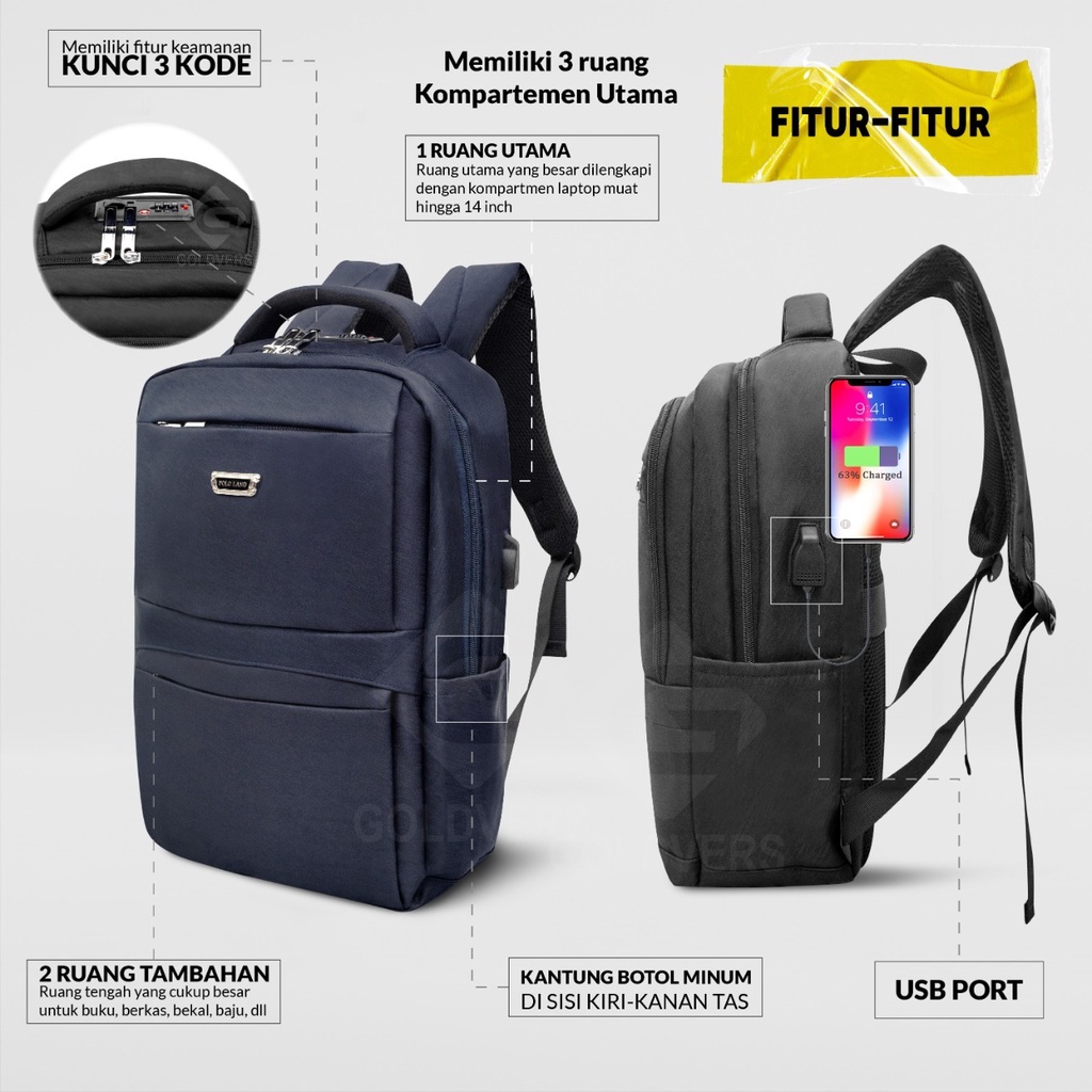 POLO LAND Tas Ransel Pria Tas Laptop Kerja 15 inch Free Kabel USB + Raincover - Goldiesbags