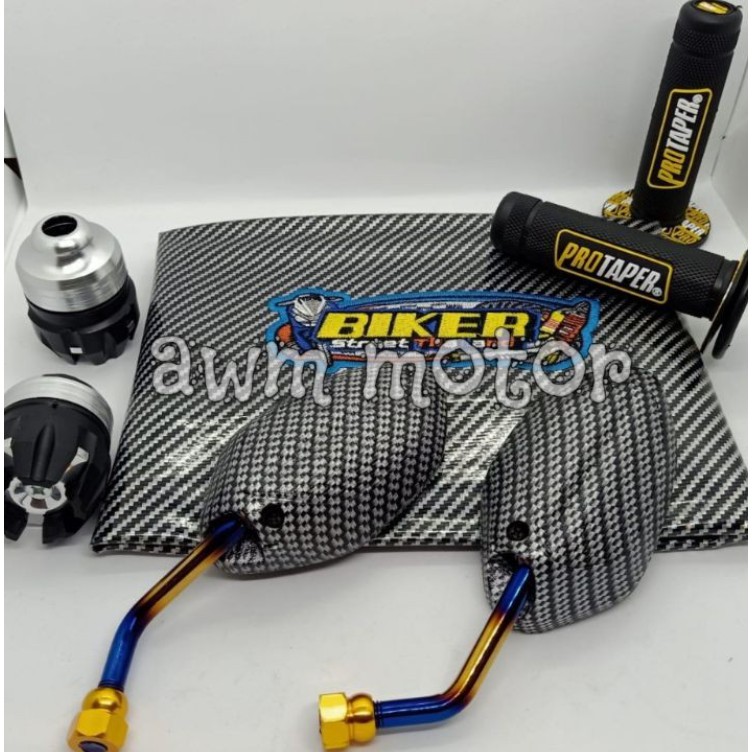 [Paket 4item] Kulit Jok Karbon + Spion Beat Twotone + Jalu As Roda Depan + Grip Protaper - Universal