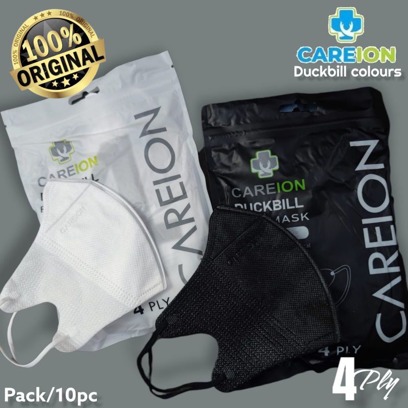 READY MASKER DUCKBILL CAREION ISI 10 LBR HITAM PUTIH BLACK WHITE EMBOS CAREION CARE ION 4 PLY