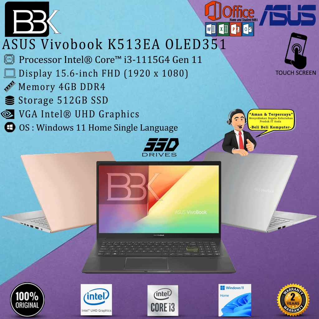 ASUS Vivobook K513EA OLED351 | i3 1115G4 4GB 512SSD W11+OHS 15.6FHD