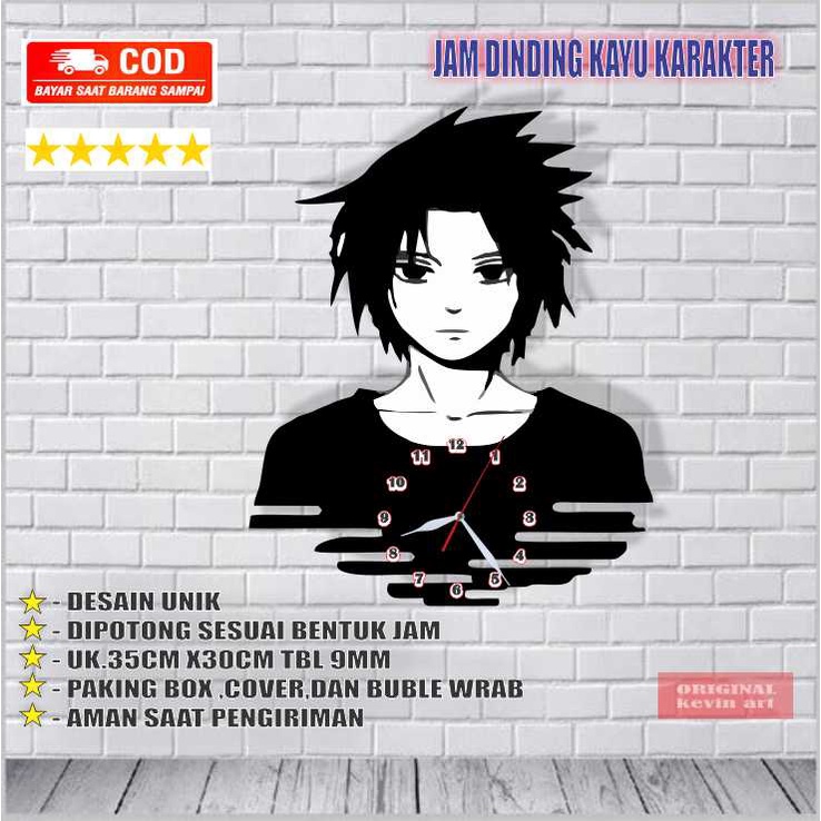 JAM DINDING KAYU MERCHANDISE GAMBAR / KARAKTER SASUKE UNIK BESAR VINTAGE TERBARU TERMURAH