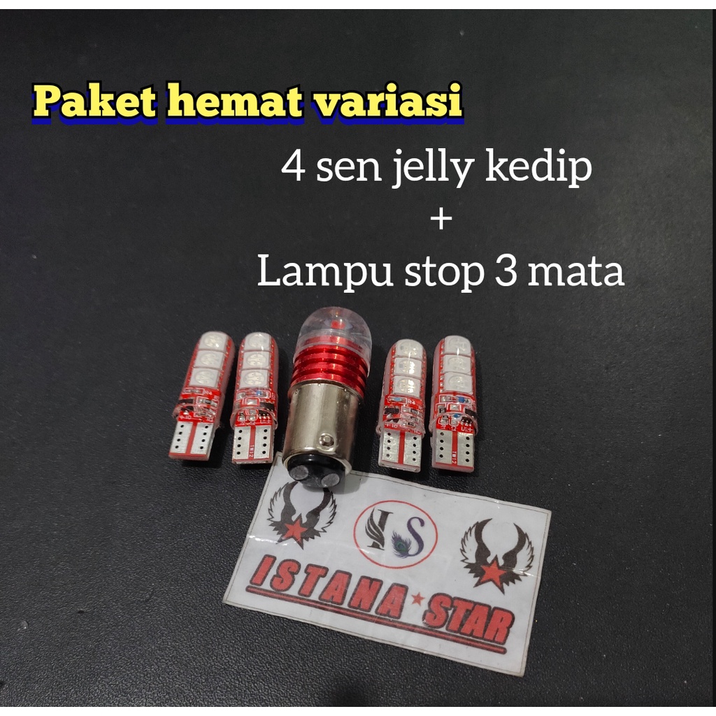 [PAKET VARIASI] Lampu Sein Sen Motor Variasi LED Kedip T10 Jelly 6 Titik + Lampu Stop Rem 3 LED - MERAH