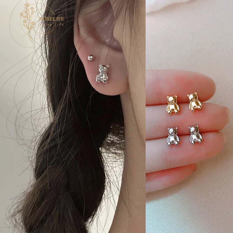 Roselife 1 Pasang Anting Tusuk Sterling Silver 925 Desain Beruang 3D Lucu Anti Alergi Untuk Wanita