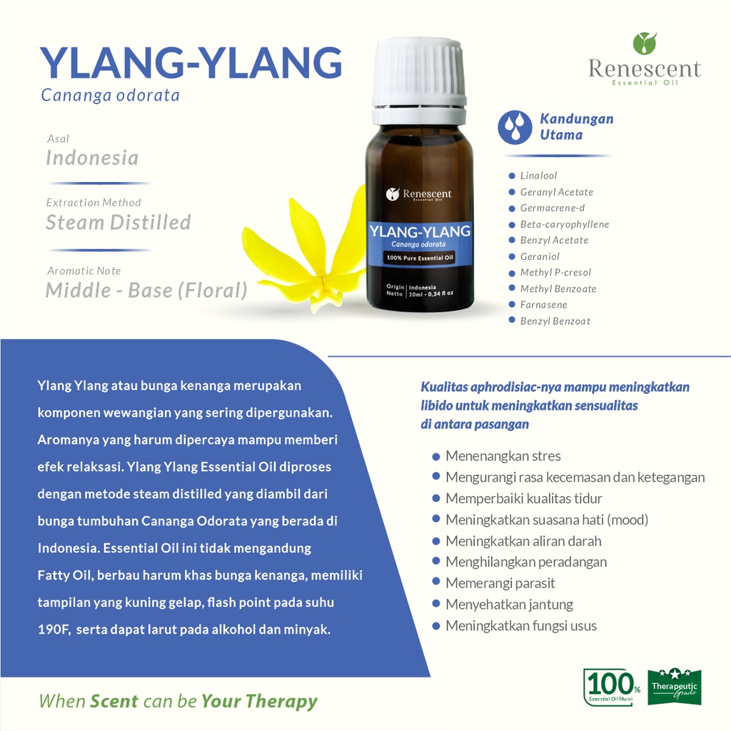Renescent Ylang-Ylang Pure Essential Oil 10ml Diffuser Aromatherapy Humidifier Purifier Aromaterapi