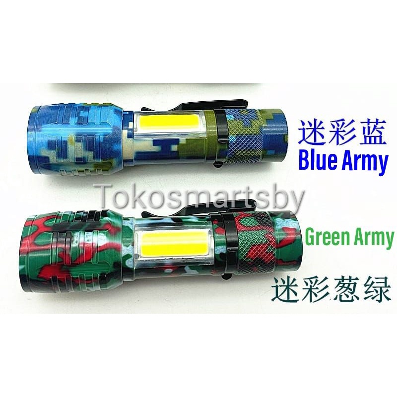 Senter Swat Mini COB ZOOM Rechargeable Super Terang Motif Army