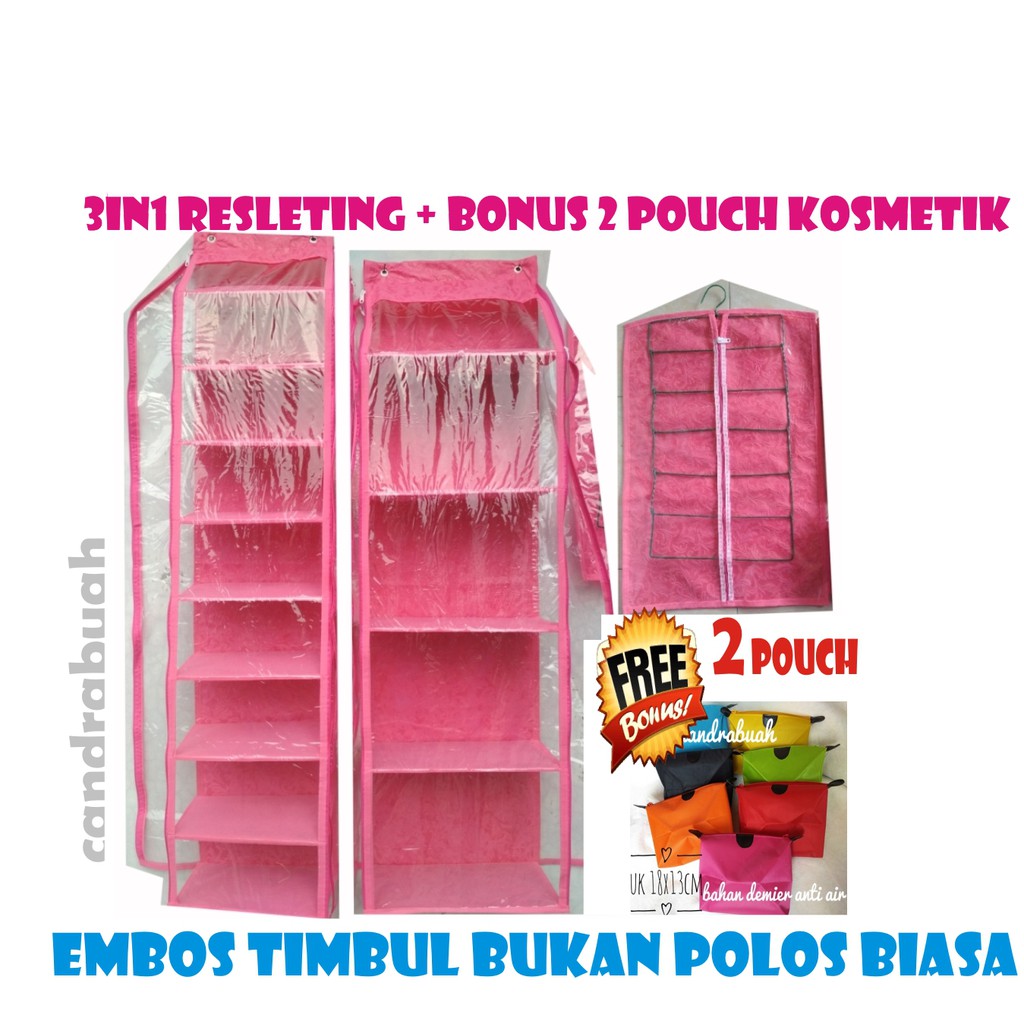 3in1 Rak  gantung  resleting  BONUS 2 POUCH KOSMETIK  Shopee 