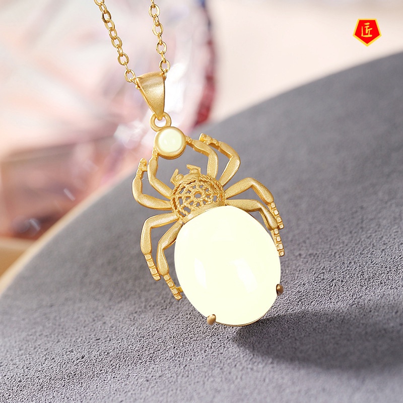 [Ready Stock]Spider-Shaped Hetian Jade Egg Surface Necklace Creative Personality