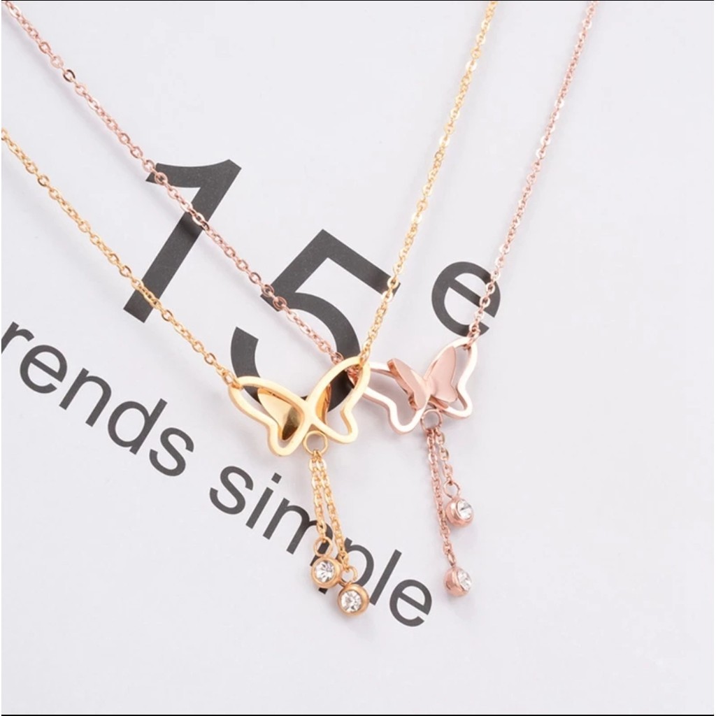 Kalung Titanium Aksen Kupu - Kupu Dengan Pesona Crystal Rumbai Warna RoseGold, Gold, dan Silver