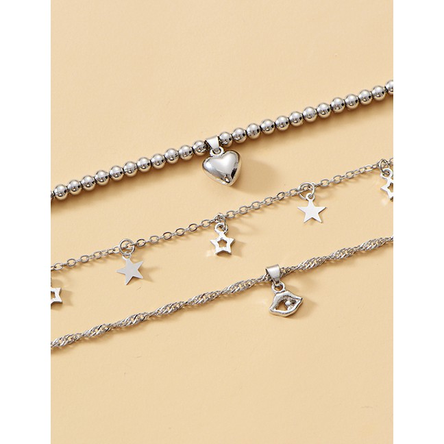 LRC Kalung Fashion Silver Color Alloy Multilayer Love Necklace