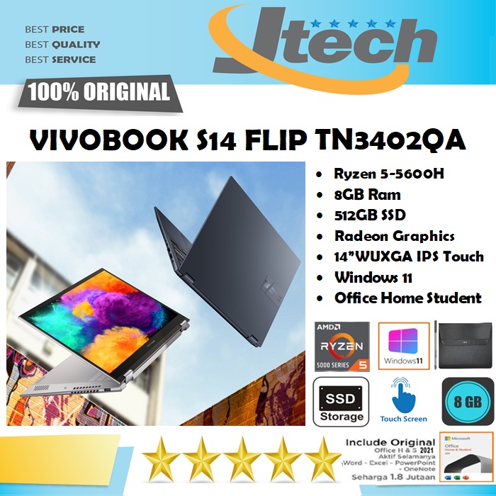 ASUS VIVOBOOK S14 FLIP TN3402QA - RYZEN 5-5600H - 8GB - 512SSD - 14&quot;WUXGA IPS TOUCH - WIN11 - OFFICE HOME STUDENT