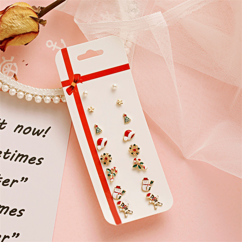 8 Pasang / Set Anting Desain Santa Claus Elk Snowflake Snowman Untuk Aksesoris Natal
