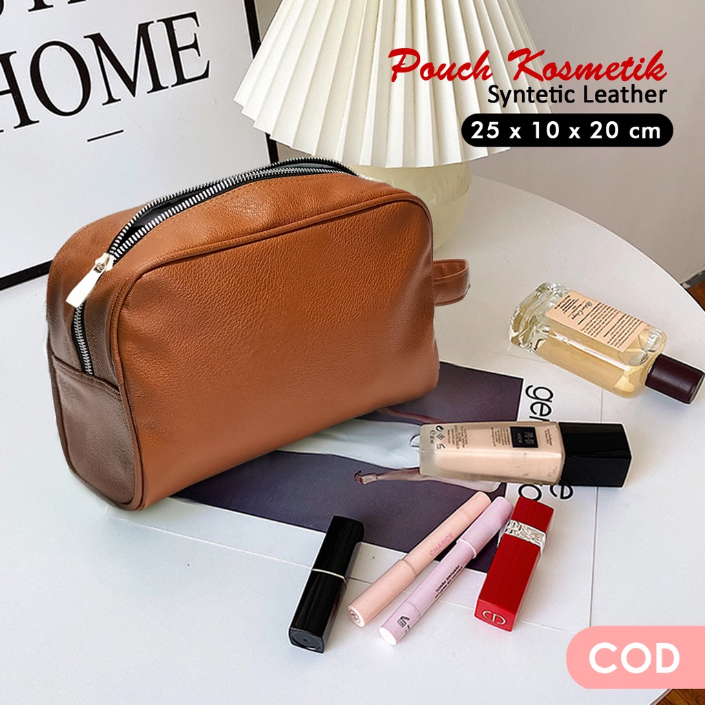 Pouch kosmetik wanita kulit sintetis grade A tempat makeup dan skincare travel organizer polos