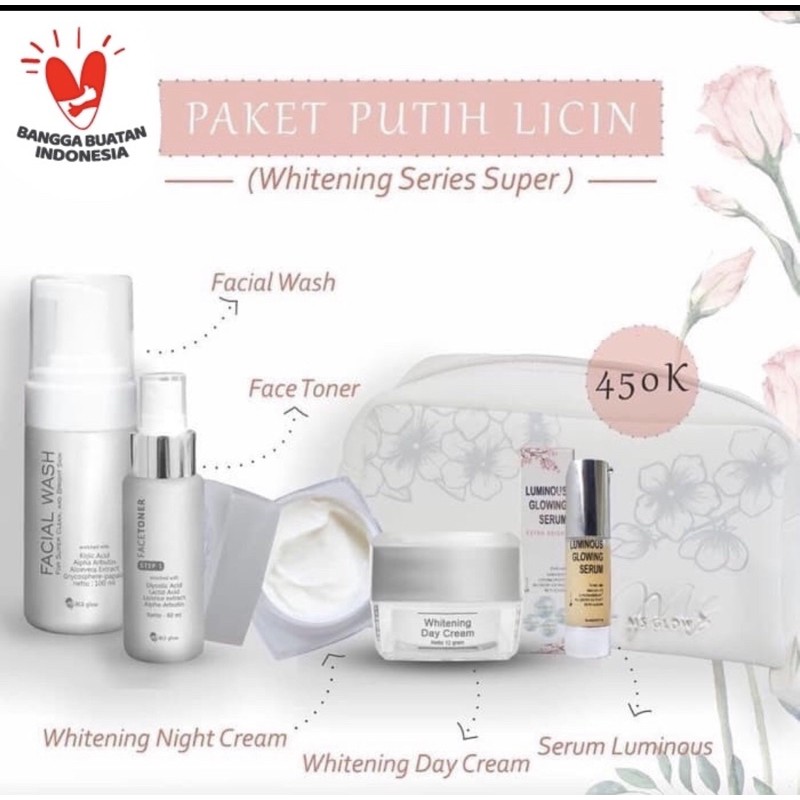 ms glow - (OrI) Paket whitening + serum luminious + Free Setrika wajah + Free pouch