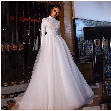 Gaun pengantin highneck muslim satin gaun pengantin tertutup