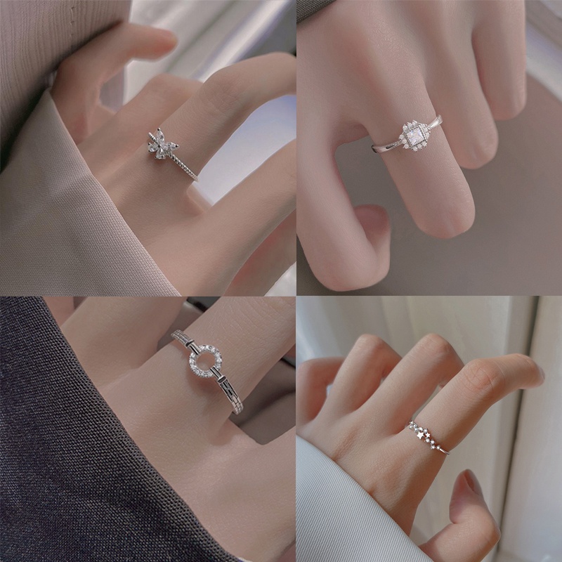 Cincin Bentuk Kupu-Kupu Geometri Aksen Berlian Imitasi Bahan Alloy Lapis Silver Gaya Korea Untuk Wanita