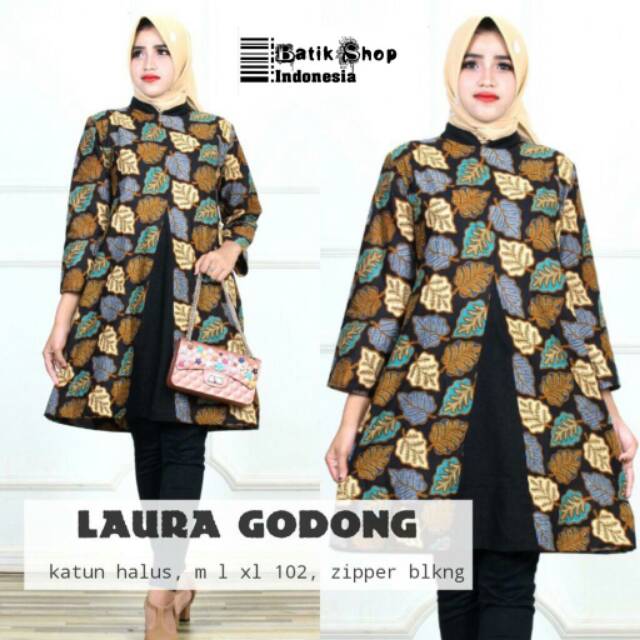 Dress Laura Godong Daun Batik Casual Baju Kerja Kantoran Muslim Modern Kondangan