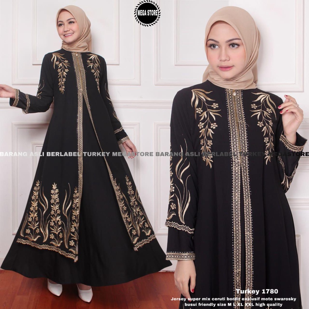 TERBARU TERMURAH 100% ORIGINAL Abaya Turki Hitam Khas Arab Full Bordir Emas/Gold Eksklusif Jersey mi
