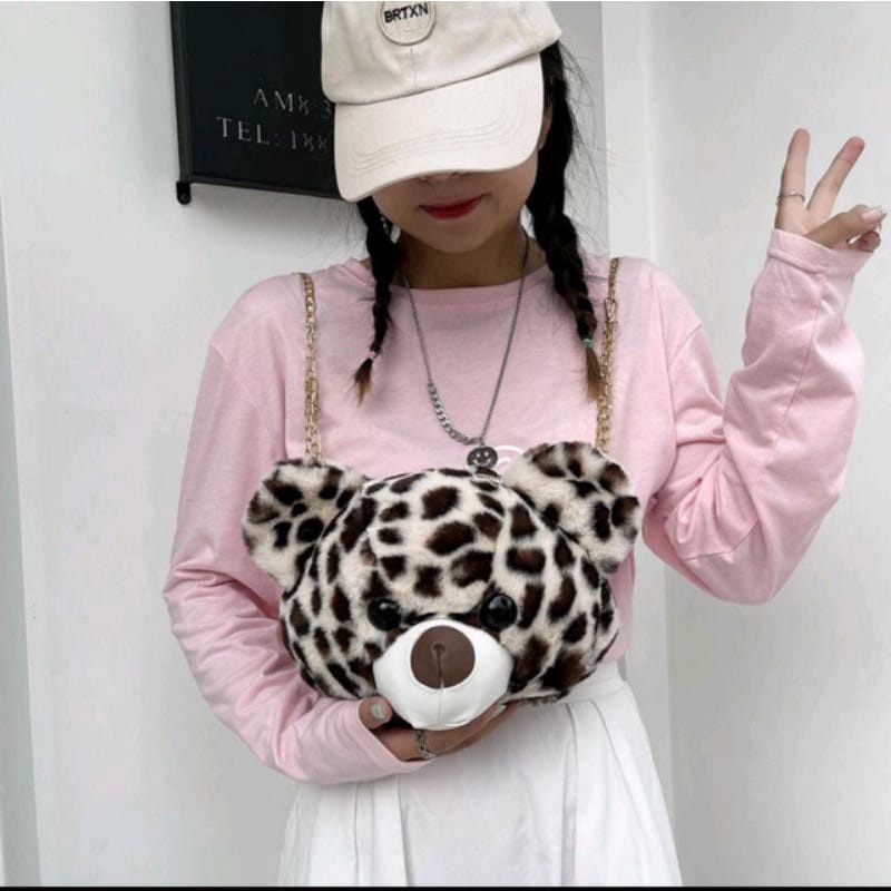 Tas Selempang Teddy Bear Motif Bahan Bulu Halus Korea