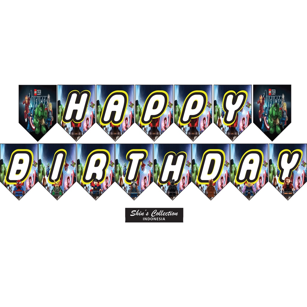 Banner bunting flag garland happy birthday ulangtahun Lego Avengers set