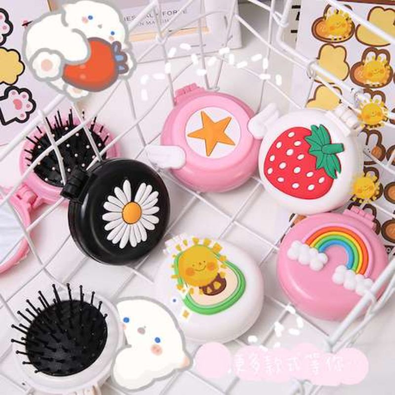 Cermin make up set sisir lipat portable travel traveling 2 in 1 karakter lucu-2