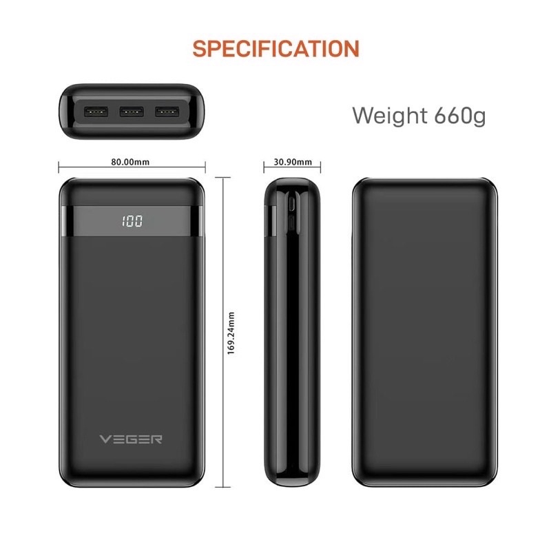 Powerbank Veger Ultimate 30.000mah Led  V31 Fast charcing VEGER