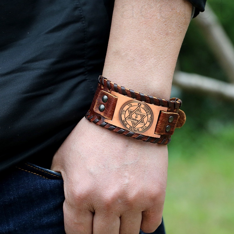 [Z H Perhiasan] Hip Hop Rock Retro Pria Fashion Stainless Steel Viking Hexagonal Rune Gelang Kulit Pesta Perhiasan Aksesoris