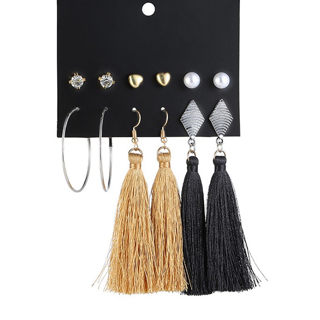 LRC Anting Set Fashion Black+yellow Pearl&amp;diamond Decorated Tassel Earrings(12pcs)