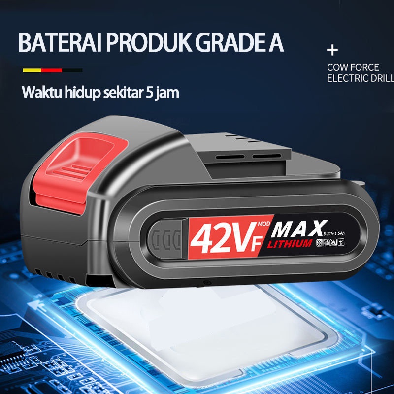 Bor cordless dengan isi ulang baterai lithium 42V/12V /Elektrik Drill/ bor listrik/beton besi kayu full set pilihan Bor tanpa kabel SURPABAYA