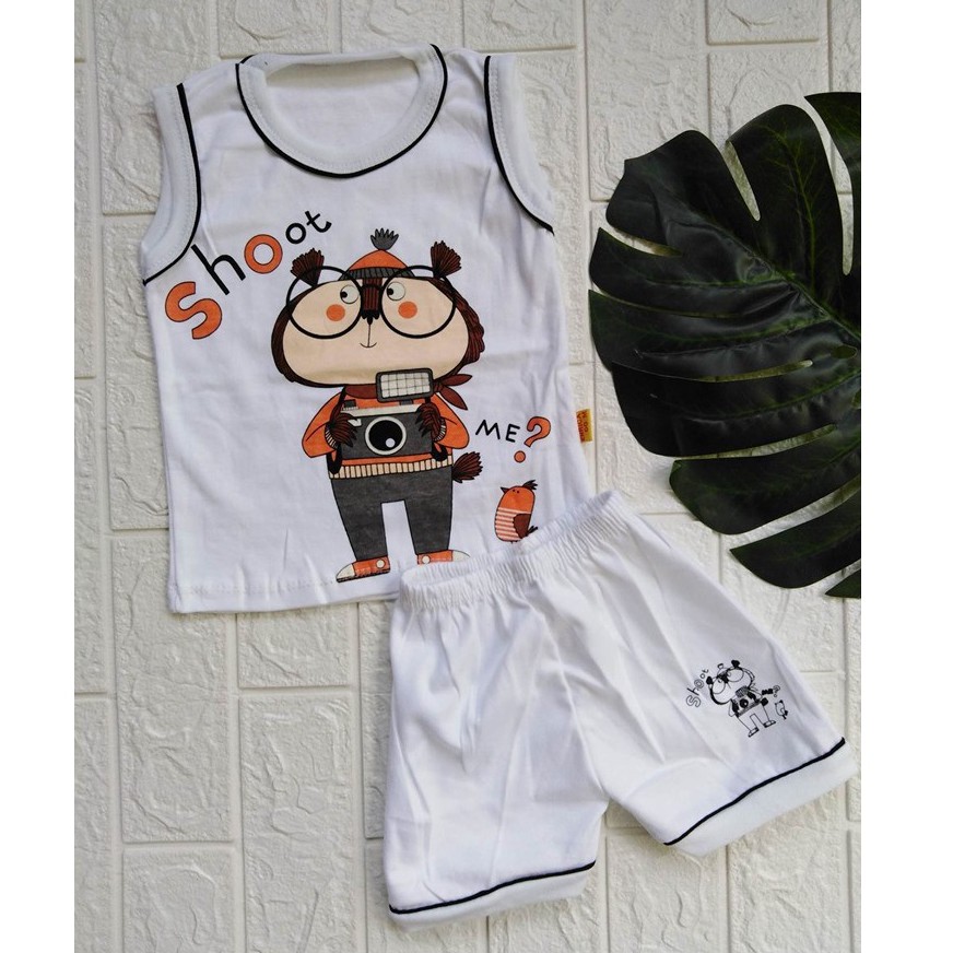 Baju Bayi Setelan Kutung Gondil Arno TGS Putih 3-12 Bulan Bahan Katun Gambar Sablon Print