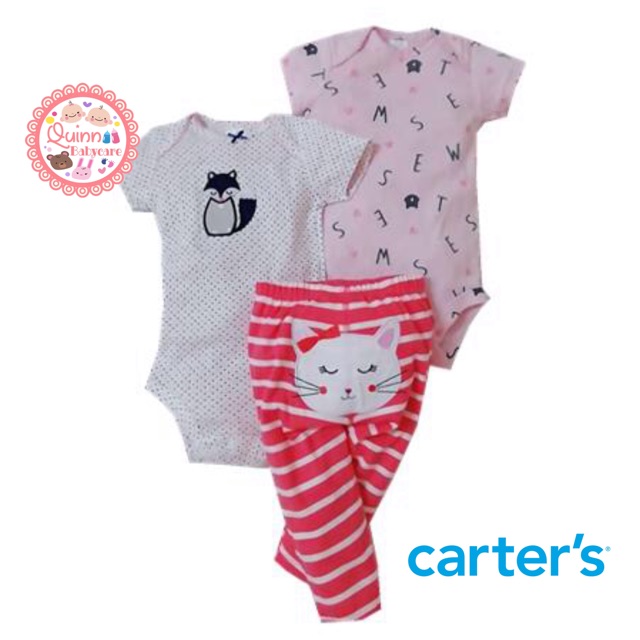 Jumper Carter's Girl set 3 in 1 Cutest Fox Cat/ Romper bayi Carter's Girl set